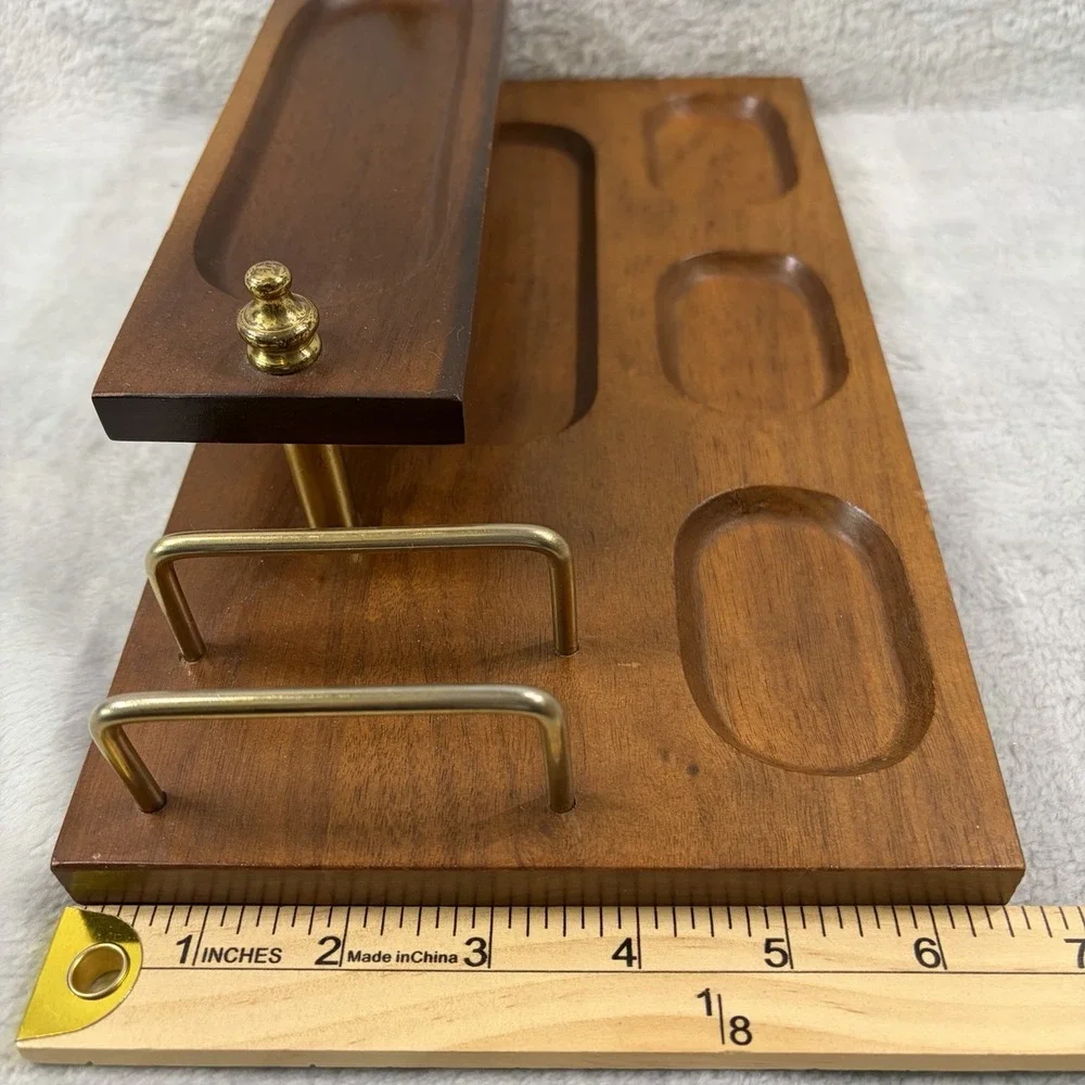Vintage Two Tier Wood Dresser Valet Brass Legs Coin Tray Watch Holder Caddy